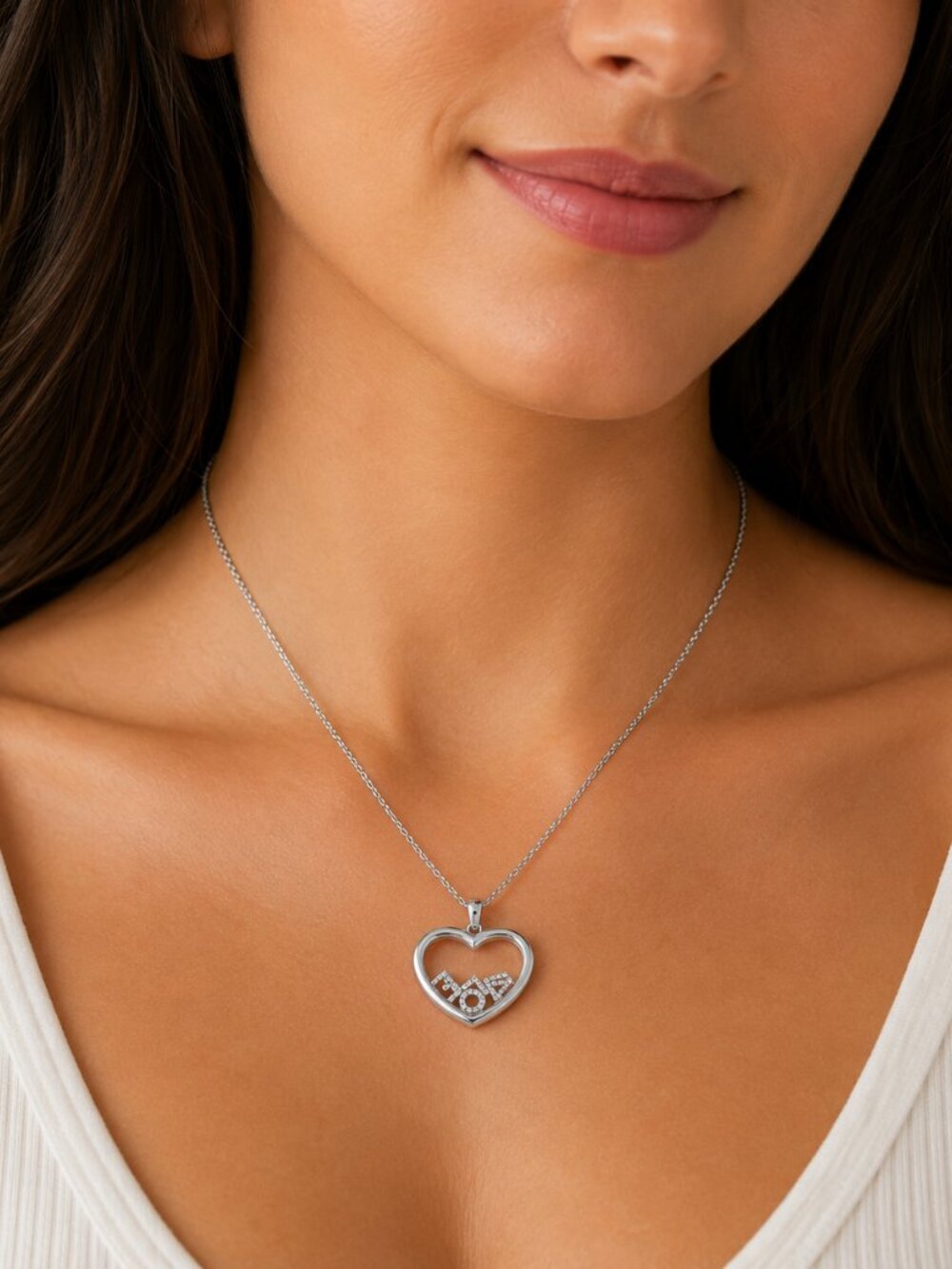 925 Sterling Silver Polished CZ Floating L O V E in Glass Heart Necklace w Chain